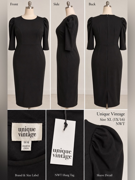 Unique Vintage Dresses & Skirts - Unique Vintage Black Midi Dress with Puff Sleeves